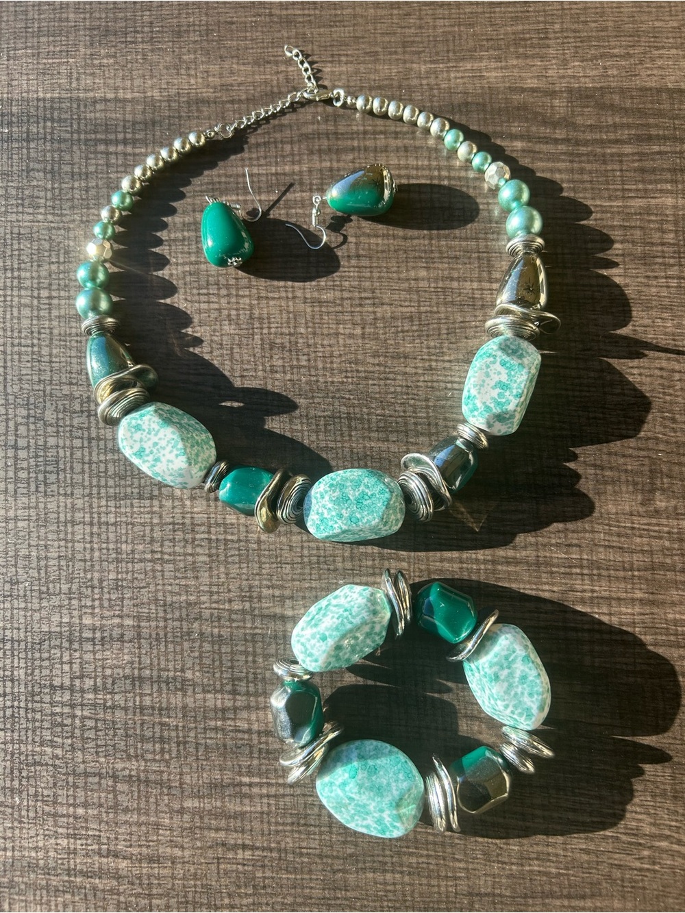 Green Bead Statement Necklace, Bracelet & Earring Set - Women Jewelry